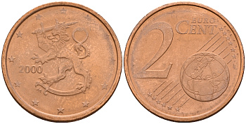 Финляндия 2 евроцента 2000  KM 99 сталь плакированная медью  UNC  4564-356