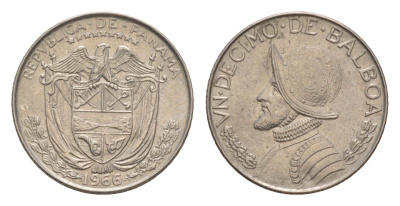 Панама 1/10 бальбоа (10 сентесимо) 1966 KM 10 медь плакированная медно-никелем UNC 4644-121