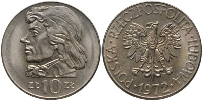 ПОЛЬША 10 ЗЛОТЫХ 1972 MW, КОСТЮШКО KM 50а медно-никель UNC 180-221