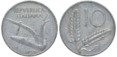 Италия 10 лир 1953 R, плуг, колосья KM 93 алюминий 4122-115