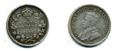 КАНАДА 5 ЦЕНТОВ 1913 ГЕОРГ V серебро 46-558