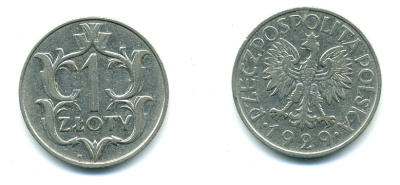 ПОЛЬША 1 ЗЛОТЫЙ 1929 w KM 14 никель 59-1412