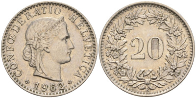Швейцария 20 раппенов 1962 B KM 29a медно-никель 4606-756