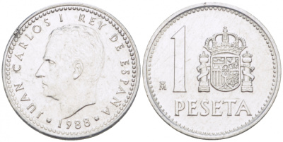 ИСПАНИЯ 1 ПЕСЕТА 1988 ХУАН КАРЛОС (1975-) KM 821 алюминий UNC 77-621
