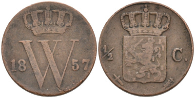 Нидерланды 1/2 цента 1857 Виллем II (1840-1849) KM 90 медь 4576-745