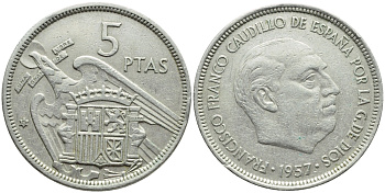 ИСПАНИЯ 5 ПЕСЕТ 1957 (73) ФРАНСИСКО ФРАНКО ДИКТАТОР ИСПАНИИ (1939-1975) KM 786 медно-никель 4395-355