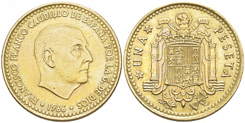 ИСПАНИЯ 1 ПЕСЕТА 1966 (69) ФРАНСИСКО ФРАНКО ДИКТАТОР ИСПАНИИ (1939-1975) КМ 796 алюминиевая бронза 87-1453