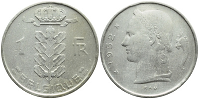 БЕЛЬГИЯ 1 ФРАНК 1952 BELGIQUE KM 142.1 медно-никель 4391-332
