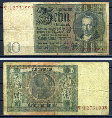 Германия 10 рейхсмарк 1929 Pick 180 a бумага 7552-31-4-1