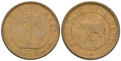 Либерия 1/2 цента 1937 KM 10 латунь aUNC 4585-1139