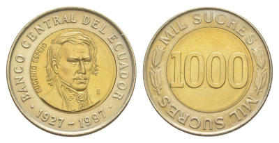 Эквадор 1000 сукре 1997 70 лет Центробанку KM 103 биметалл UNC 4641-743