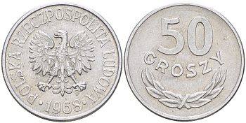 Польша 50 грошей 1968 MW, редкий год KM 48.1, Parchimowicz 210d алюминий 216-853