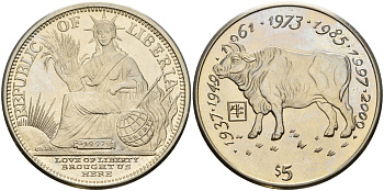 Либерия 5 долларов 1997 китайский гороскоп - год быка KM 352 медно-никель UNC 3897-1212