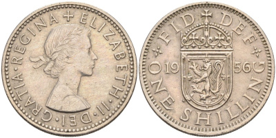 Великобритания 1 шиллинг 1956 Елизавета II (1952-2022), Шотландский герб KM 905, Spink 4148 медно-никель 4591-1045