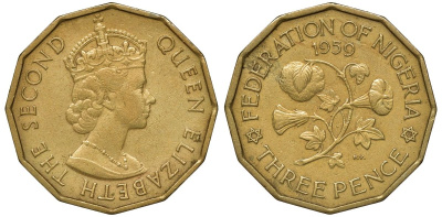 Нигерия 3 пенса 1959 Елизавета II (1952-2022), Британский протекторат KM 3 медь цинк никель 00-00