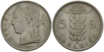 Бельгия 5 франков 1949 BELGIE KM 135 медно-никель 4172-553