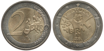 Португалия 2 евро 2014 40 ЛЕТ РЕВОЛЮЦИИ ГВОЗДИК (25 АПРЕЛЯ 1965) KM 844 биметалл 176-942