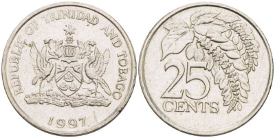 Тринидад и Тобаго 25 центов 1997 цветок дикая пуансеттия KM 32 медно-никель 105-755