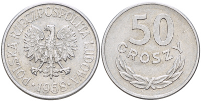 Польша 50 грошей 1968 MW, редкий год KM 48.1, Parchimowicz 210d алюминий 216-853