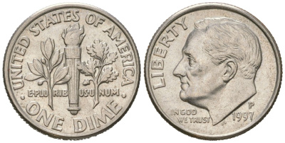 США 10 центов (дайм) 1997 P, президент Рузвельт KM 195a медь плакированная медно-никелем UNC 218-159