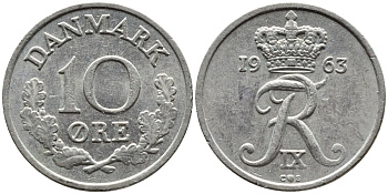 ДАНИЯ 10 ЭРЕ 1963 C; S, ФРЕДЕРИК IX (1947-1972) KM 849.1 медно-никель 4392-421