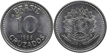 Бразилия 10 крузадо 1988 реформа 1986-1989 KM 607 нержавеющая сталь 69-834