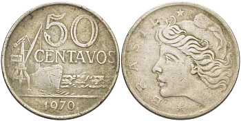 Бразилия 50 сентаво 1970 голова свободы влево KM 580а медно-никель 3459-151