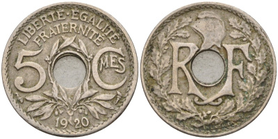 Франция 5 сантимов 1920 KM 865 медно-никель 4596-448