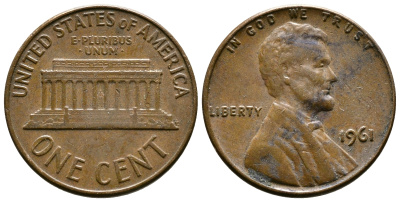 США 1 цент 1961 Авраам Линкольн KM 201 медь цинк 3458-126