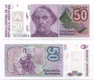 АРГЕНТИНА 50 АУСТРАЛЕЙ 1989 СЕРИЯ А 63722, БАРТОЛОМЕ МИТРЕ, АРГЕНТИНСКИЙ ПОЛИТИК, ПОЛКОВОДЕЦ Pick 326b бумага UNC (ПРЕСС) 7148-33-3