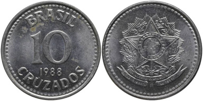 Бразилия 10 крузадо 1988 реформа 1986-1989 KM 607 нержавеющая сталь 69-834