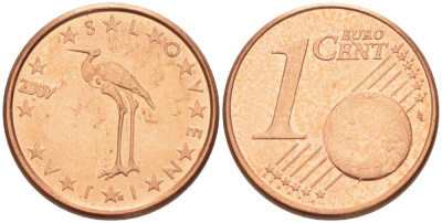 СЛОВЕНИЯ 1 ЕВРОЦЕНТ 2007 БЕЛЫЙ АИСТ KM 68 сталь плакированная медью UNC 214-415