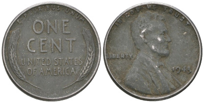 США 1 цент 1943 Авраам Линкольн KM 132 a сталь покрытая цинком 214-328