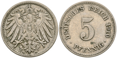 Германия 5 пфеннигов 1910 A, KM 11, J. 12 медно-никель 4364-2556