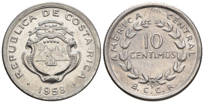 Коста-Рика 10 сентимо 1958  KM 185.1a сталь  UNC  4609-733