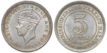 Британская Малайя 5 центов 1943 Георг VI (1937-1952) KM 3a серебро 53-159