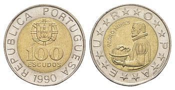 Португалия 100 эскудо 1990 Педру Нуниш (1502-1578), математик KM 645 биметалл UNC 4566-251