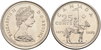 Канада 25 центов 1973 100 лет канадской горной полиции (1873-1973), Елизавета II (1952-2022) KM 81 никель 4586-413