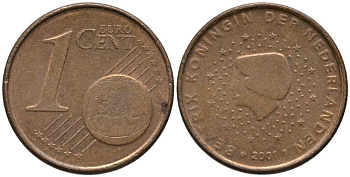 Нидерланды 1 евроцент 2001 Беатрикс (1980-2013) KM 234 сталь плакированная медью 112-727