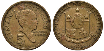 ФИЛИППИНЫ 5 СЕНТИМО 1972 МЕЛЬХОРА АКУИНО KM 197 латунь F 4181-351