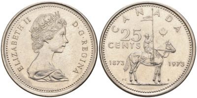 Канада 25 центов 1973 100 лет канадской горной полиции (1873-1973), Елизавета II (1952-2022) KM 81 никель 4586-413