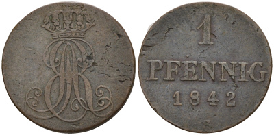Ганновер 1 пфенниг 1842 S, Эрнст Август (1837-1851) KM 173.3, AKS 128, J. 54 медь 4608-351
