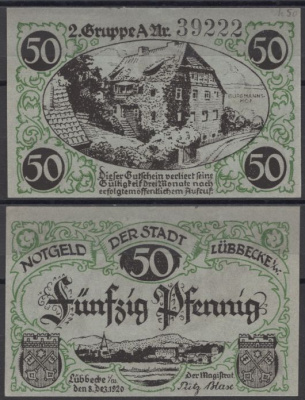 Люббекке 50 пфеннигов 1920 DeNG 2 819.1a-4/6 бумага UNC (пресс) 8608-31-3-1
