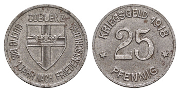 Кобленц 25 пфеннигов 1918 Funck 80.2, Men05 4526.4, Men18 5727.4 железо 4657-1112