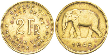 Бельгийское Конго 2 франка 1946 слон KM 28 латунь 4541-1021