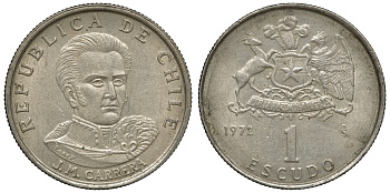 Чили 1 эскудо 1972 Хосе Мигель Каррера KM 197 медно-никель 4118-316