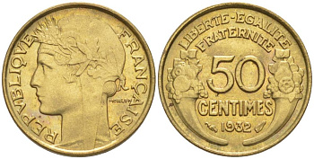 ФРАНЦИЯ 50 САНТИМОВ 1932 ТИП MORLON, OPEN 9, С ЯГОДОЙ KM 894.1, LE FRANC 192.7 алюминиевая бронза 44-713