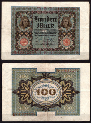 Германия 100 марок 1934 Веймар,8 цифр в номере, H, «Бамбергский всадник» из оперы «Купол Бамберга». Pick 69 b бумага 6289-29-2-1