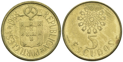 Португалия 5 эскудо 1988 KM 632 никель латунь 4148-441