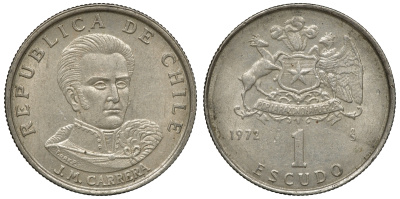 Чили 1 эскудо 1972 Хосе Мигель Каррера KM 197 медно-никель 4118-316